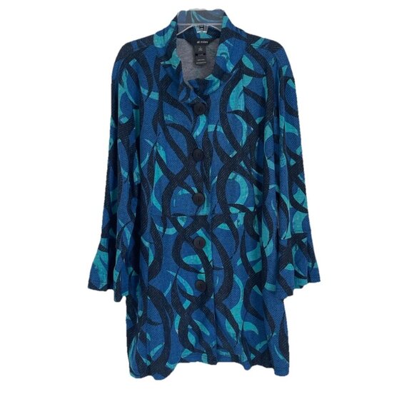Ali Miles Blue Button Front Bell Sleeve Tunic Wired Collar Art to Wear  NWT - Picture 1 of 9